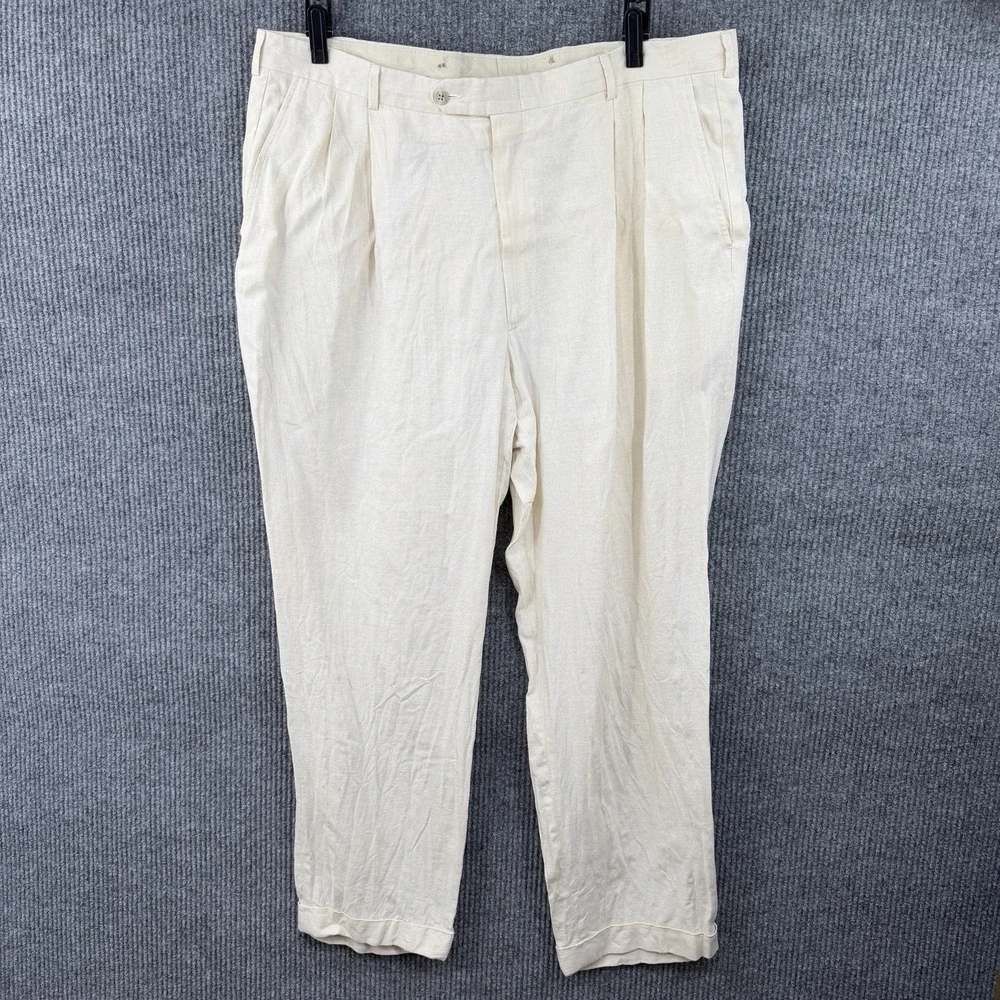 Berle Men's Linen Pants 40R 40x31 Beige Dress Trousers High Waisted Pleated READ